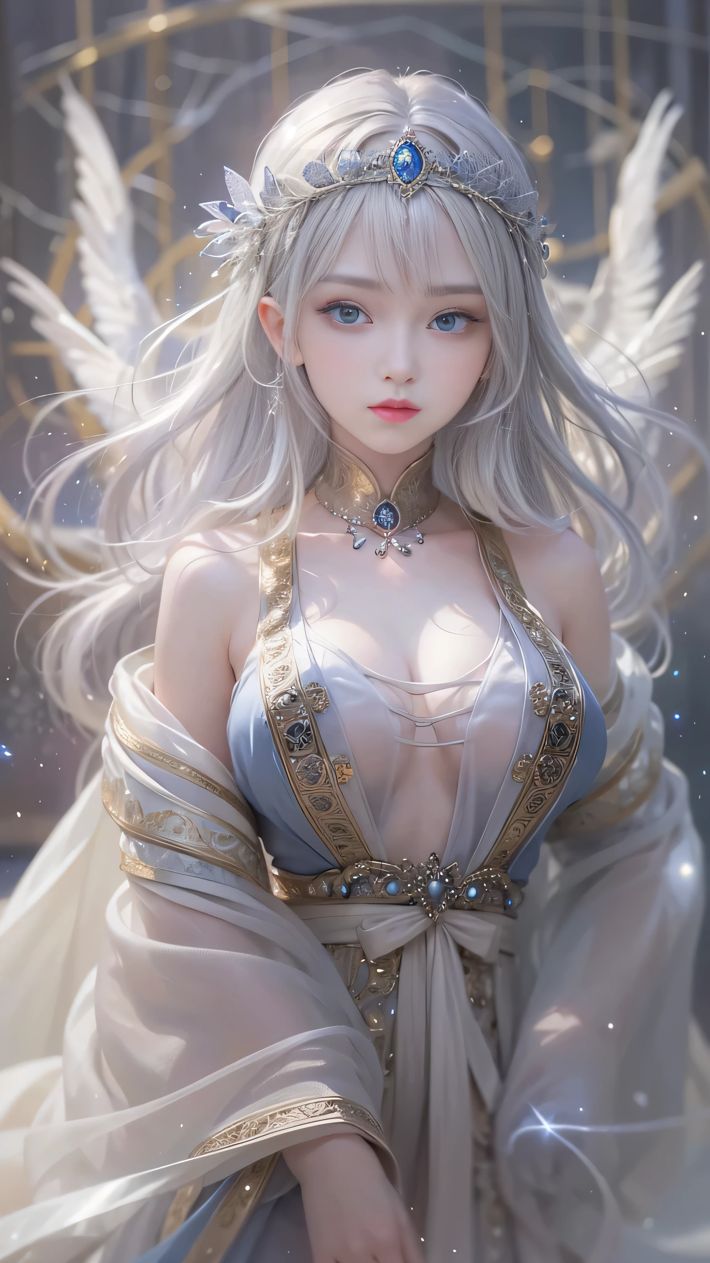 ((top quality))、((masterpiece))、(details)、Enchanting angels、Beautiful angels in the night sky、Fantastic beauty、perching in the clouds、(fantasy Enlightenmentns:1.3)、charming gaze、The pose is very、delicate wings、otherworldly charm、mysterious sky、 (author:Luis Royo(Luis Royo):1.2)、(Amano Yoshitaka:1.1)、Moonlight night、pastel colors、(detailed cloudscape:1.3)、(high resolution:1.2)Complex 3d rendering ultra detailed beautiful porcelain profile female an face、cyborg、part、150mm、Beautiful studio soft lighting、rim light、vivid details、Luxury Cyberpunk、Ren Hao、Surreal anatomy、face muscles、Cable wire、microchip、grace、beautiful background、Big red full moon、octane rendering、HR Gig style、8k、top quality、masterpiece、Enlightenment、extremely delicate and beautiful、very detailed、north african trade zone、Unite、wallpaper、(Endless realism、Realism:1.37)、Gorgeous、detailed meticulous、masterpiece、top quality、official art、Highly detailed ticker Unity 8k wallpapers、absurd、Incredibly ridiculous、、Silver beads、Whole BodyEsbian、sit、The skin is very white, Transparent and beautiful、