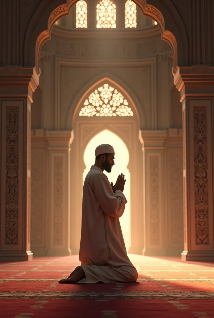 A godly Muslim man is praying inside a mosque raising his hands and praying to Allah