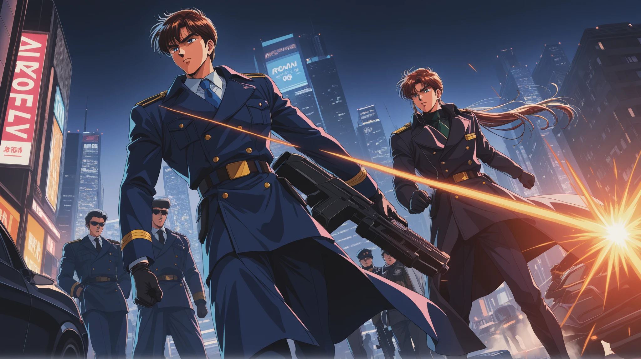 armed man in city retrowave 90s