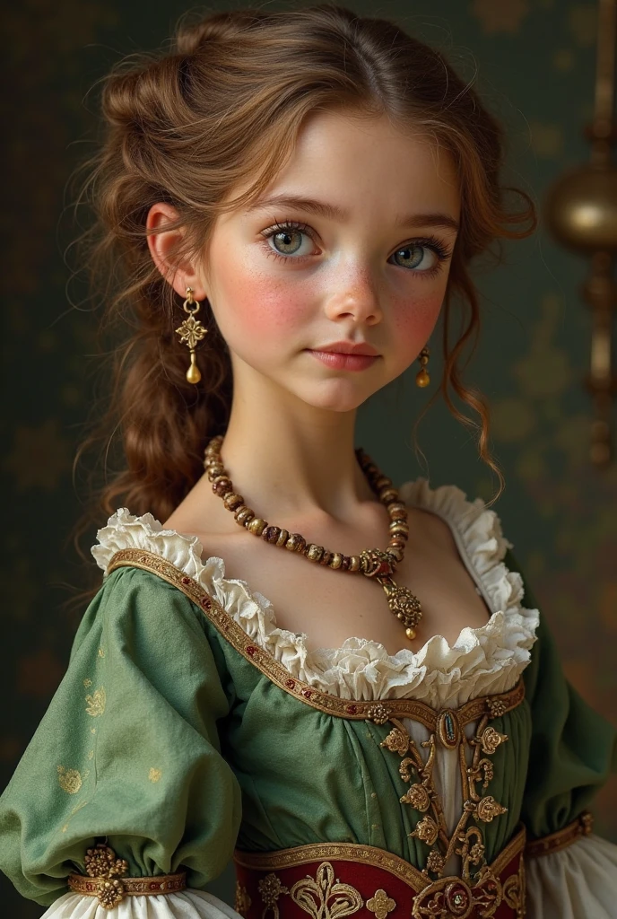 a beautiful twelve years old european noble girl, with green eyes, long STRAIGHT brown hair with bangs, wearing cute expensive pink gown, wear accesories on her hair, and big ruby jewel brooch, pernas lindas.
