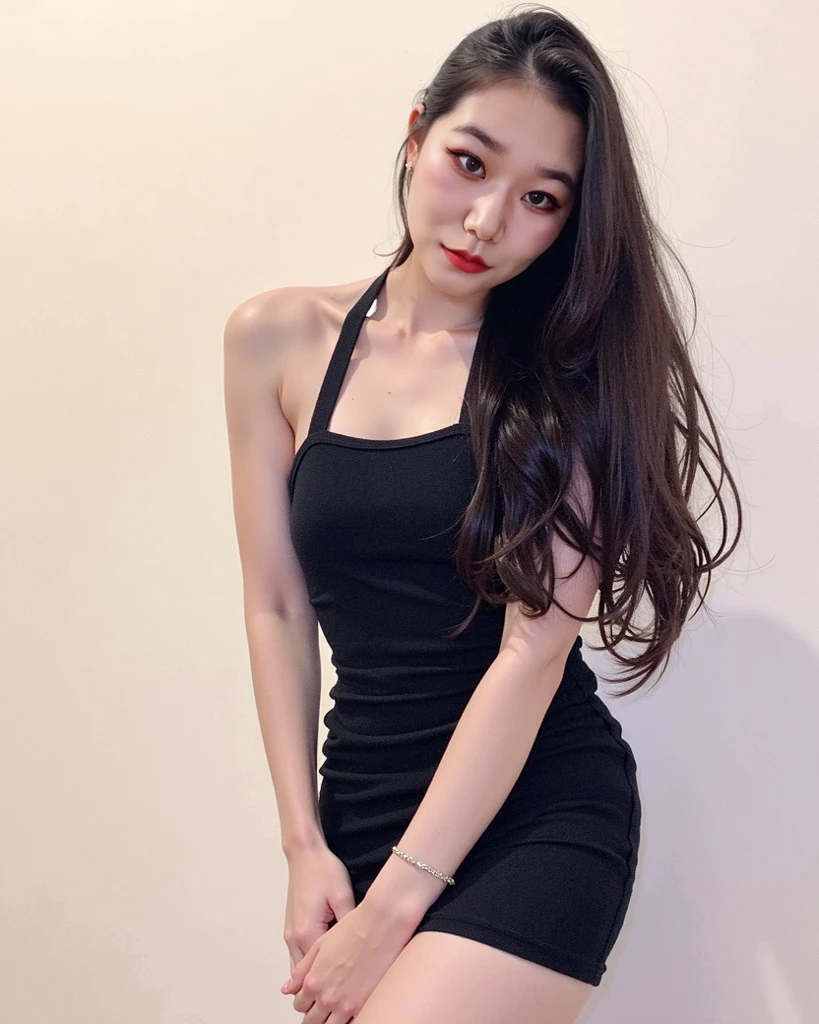 There is a woman in a black dress posing for a photo, sexy dress, gorgeous young korean woman, V-chest clothes, Wearing a black tight-fitting dress, 2 4 year old female model, she is wearing a black tank top, tightly dress, wearing tight simple clothes, beautiful Korean women, tight black tanktop, she wears a black dress