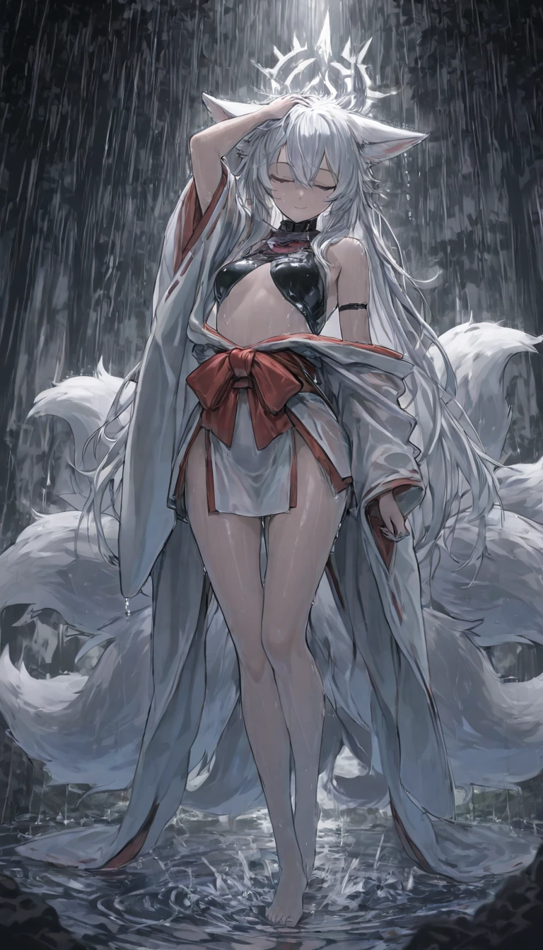 Highest quality,Highest Resolution,Beautiful girl with angry face in white fox leotard,High leg,Very red eyes,Bamboo grove,full moon,Night Sky,fog,((White fox tail,White fox ears)),Standing posture,front,whole body,