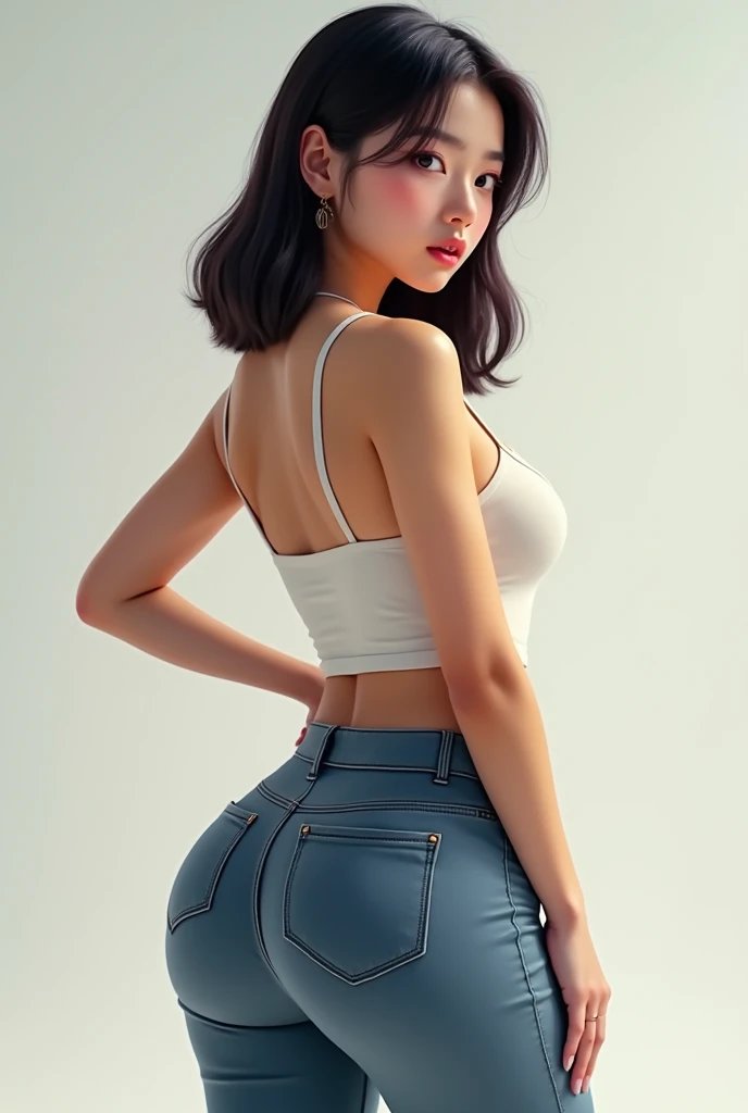 raw photo, 8k, (top-quality), Realistic, (real picture, Intricate details), (natural skin texture, detailed skin, hyper realism, sharpness), (Back shot:1.3), (Looking at viewer:1.2), (detailed woman), ((28 year old Taiwanese woman)), (big boobs:1.2), (pale skin:1.5), ((long straight hair, blunt bangs)), (seductive face, provocative look, Parted lips:1.3, eye shadow:1.3, eyeliner, red lips:1.2, undereye circle:1.3), ((Wearing: Denim Booty-Shorts, Black tight tank top, black high-heel shoes)), ass gonzo, round ass, butt sticking out from shorts,