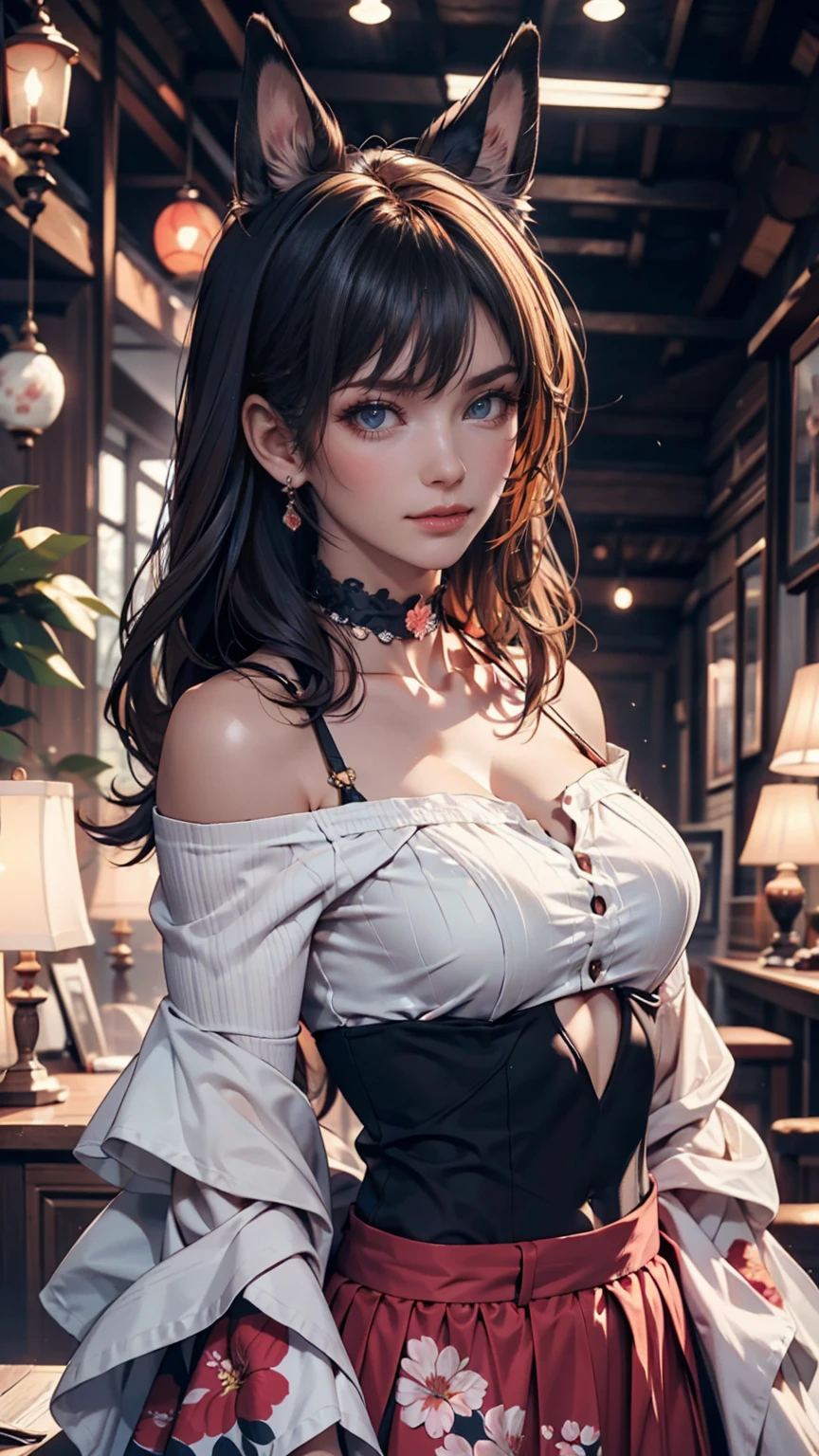 ((Best of the highest quality, 8k, Masterpiece, raw photo: 1.1)), (Sharp focus: 1.1), (1 AESPA, slim body type female, 22 y/o: 1.1), solo, Portrait Waist Up, (realistic, photo-realistic:1.37), face focus, cute face, finely eyes, (forehead: 1.12), (sharp chin, droopy eyes: 1.32), (Emphasize prominent aegyo-sal with bright: 1.28), shimmering eyeshadow applied under the lower lash line, paired with thick, (short bob hair, updo: 1.2), alternative outfit, walking on stage, microphone, flower,