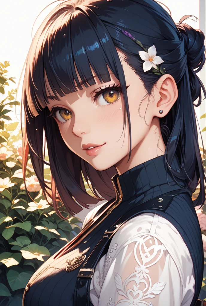 ((masterpiece, best quality)), (1girl), (solo), (female focus), yoru \(chainsaw man\),(very detailed face, real image, realistic white skin, realistic body, intricate details), upper body, focus on face, intimidating look, black pinafore dress, neck ribbon, small breasts