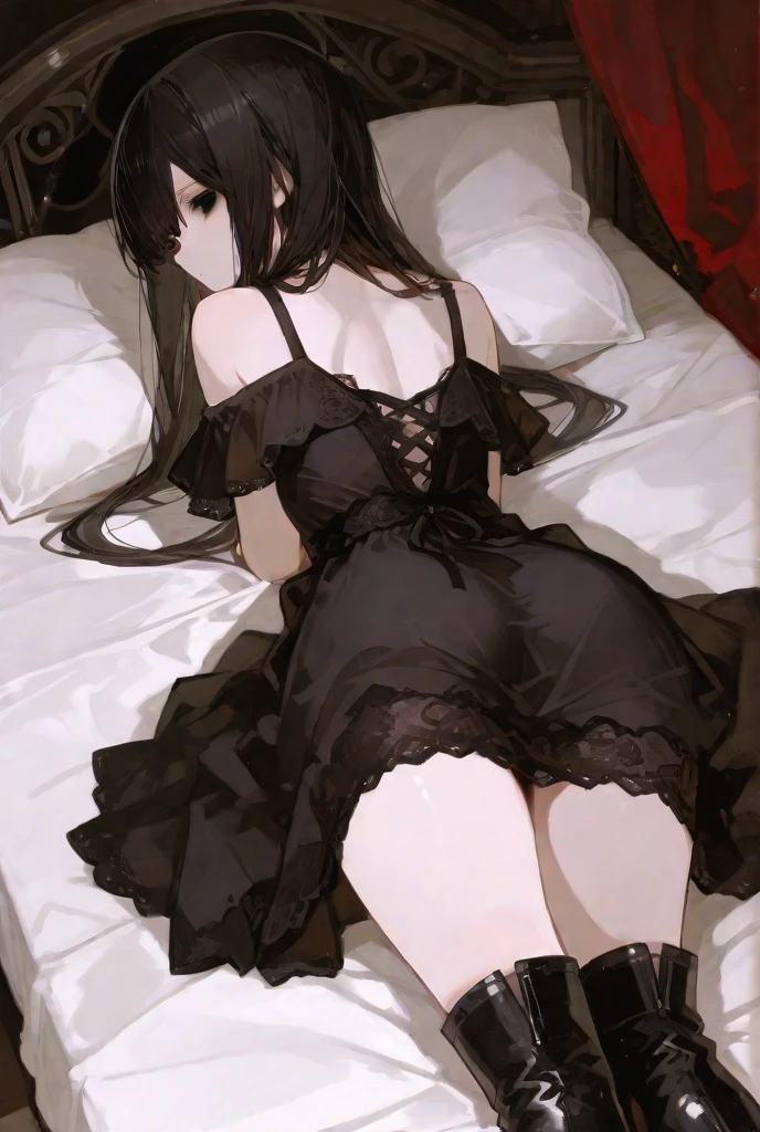 ((best quality)), ((masterpiece)), (8k, photorealistic, RAW photo, best quality: 1.4), (detailed), perfect face, Extremely detailed, extremely colorful, most detailed, (1girl), red skin, yellow eyes, bright eyes, shiny eyes, four black horns on the temples, long dark hair, medium round breast, lewd attire, ((dress)), sexy legs, royal bedroom, covered in sweat, blush, lying on the bed, garter belt, firm stomach, blushing, ((pearls open panties)), glossy lips, cleavage down to the navel, from behind, firm ass