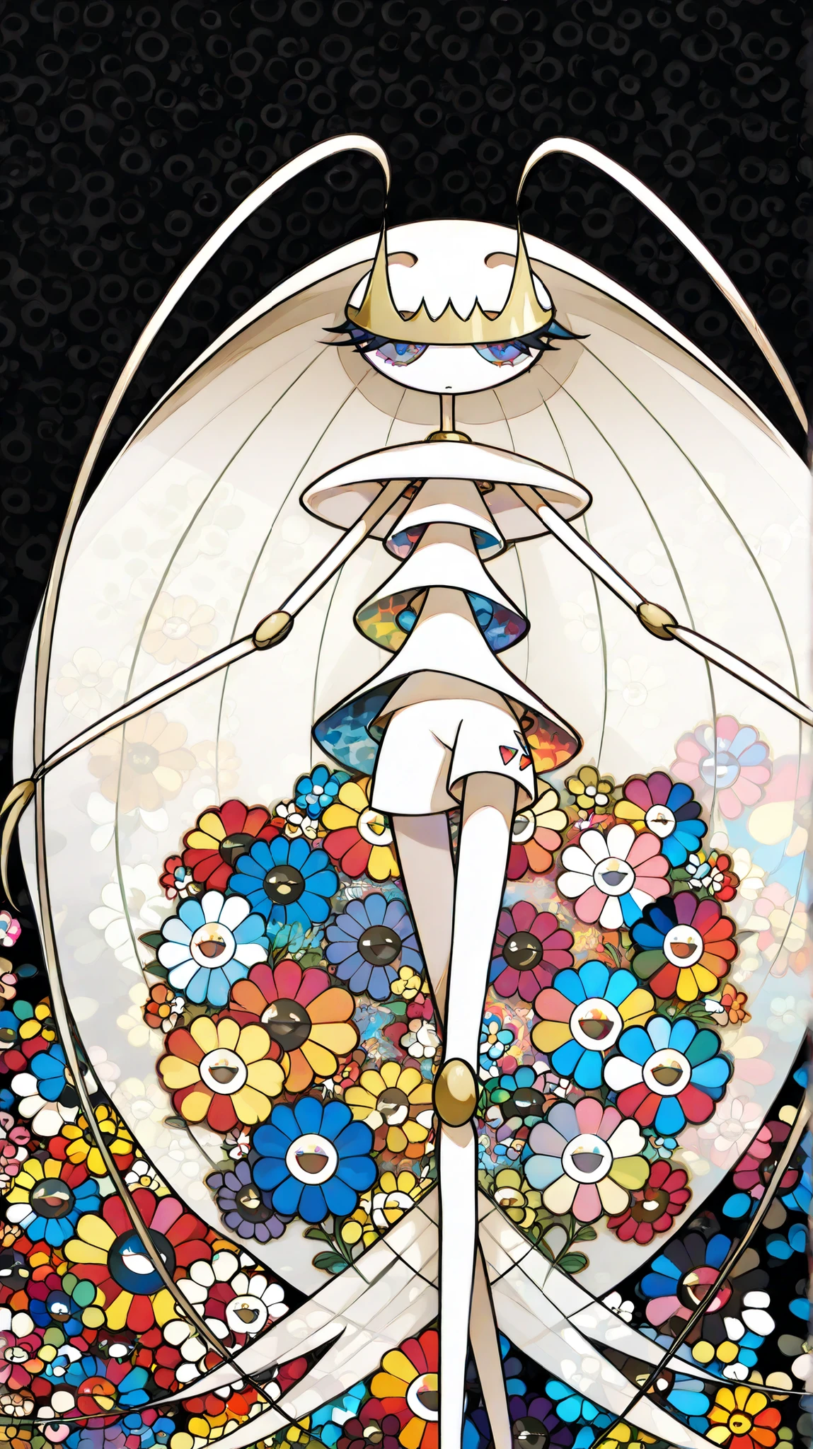 (in style of Takashi Murakami:1.0), beatiful face, feet,best quality,tonemapping, sharp focus, hyper detailed,(pheromosa),best quality,beautiful,pokemon,(2 fingers),(Clear eyes),solo,detaileds,8K,(slender:1.3),wallpaper,jumping kick,(Colorful flowers on black background:1.4), (pheromosa:1.0), intricate digital painting, highly intricate and colorful, dark but detailed digital art, Highly detailed symmetry, detailed digital artwork, Symmetrical intricate details, plethora of colors,colorful intricate masterpiece,(kaleidoscopic:1.1),(Geometric pattern background)、Sticker style,flower painted body, (cel anime:1.3)