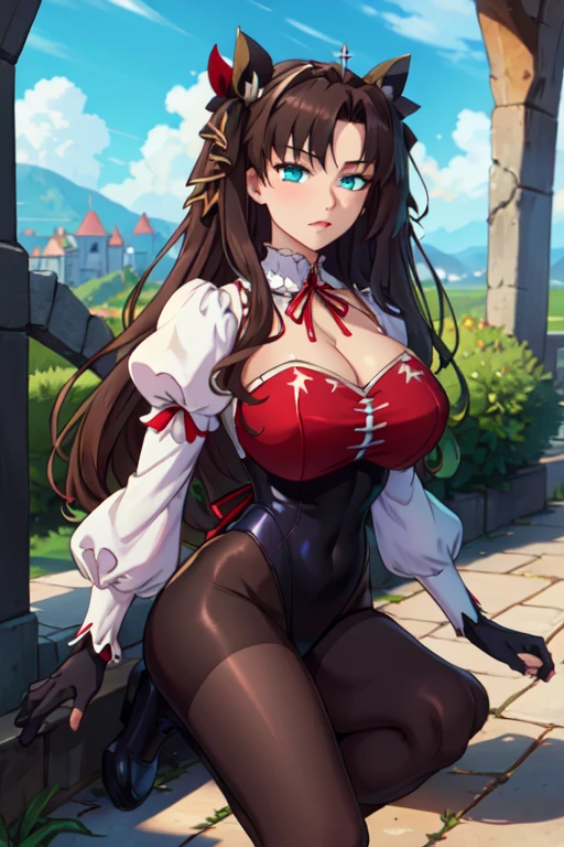 （Masterpiece, side-lighting, fine detailed beautiful eyes: 1.2)， luscious skin，（（Solo）），（Scarlet eyes），Hanging eye corners，（highdetailskin），（perfect bodies），A beautiful steampunk girl，little breast，（（Uniforms that include a small bust blazer）），（Satin collar），（Short gloves are as short as half the palm of your hand），lacepantyhose，high-waist pants