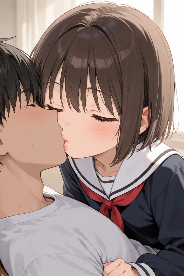 masterpiece, Highest quality, become close, Focus on the characters, Yamada_Anna, (short hair:1.5), (Brown Hair:1.5)、Completely naked、stringy saliva、garden、Ecstatic expression、Oral sex、Sailor suit jacket、Blowjob、Girl licking #39;s penis、Sucking penis'penis、ひざまずいてpenisを吸う