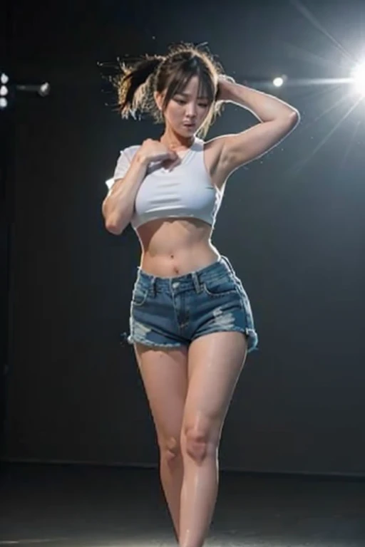Honor student, ((A middle school girl dancing K-POP dance at a school recital)), (((shaking their hips while crouching))), A strong wind blows from below,showing off their crotches, ((White up crop top shirt with transparent bra,Miniskirt blown up by the wind)),((show off panties ,bra sticks out)),face of about 10 years old, short hair, cleavage, gyaru make, whole body, (8K, raw photo, highest quality, Masterpiece: 1.2), Super detail, Super high resolution, (realism, realistic photo: 1.37), portrait, thighs