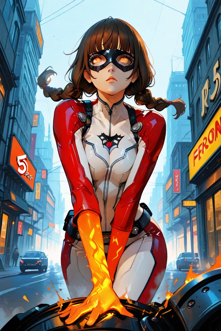 1girl, Stretcher the busty brunette comic book woman, masterpiece, beautiful, high quality, high definition, superb quality, highly detailed, super detailed, elongated arm, extended arm, stretched-out arm, reaching toward camera, depth, happy, smiling, (((30-meter-long rubber arm))), long hair, huge ponytail, slim, thin, athletic, womanly, rubbery, elastic woman, (white and red spandex, white and red legs, tight top), rubber body, brunette, ((huge breasts, slim waist)), city, heroic, cheerful, (bold nose, hawkish facial features),