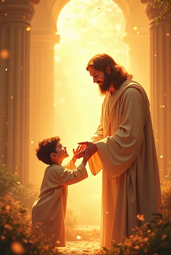 the boy, confused and feeling incapable, asks how he can teach. Jesus tells him that he will give him a Teacher. At that moment, A majestic Lady appears next to him, dressed in a shining robe, who takes Don Bosco's hand.
Crear una escena donde the boy, still perplexed, is guided by a majestic Lady, dressed in a cloak that shines as if it were made of stars. The Lady must be holding Don Bosco's hand with a kind and protective expression..