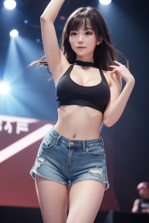 8k, top-quality, （pubic hair beauty）、hight resolution, lifelike, realperson,　Red Light District at Night、There are many signboards、The light on the sign is dazzling、Dancing in different poses on stage、The best smile、Fun and smiling、One young and beautiful girl、Reveal madness、Inviting eyes、Martial Arts Tournaments、Serious Serious Competition、denim short pants、toppless、high-heels