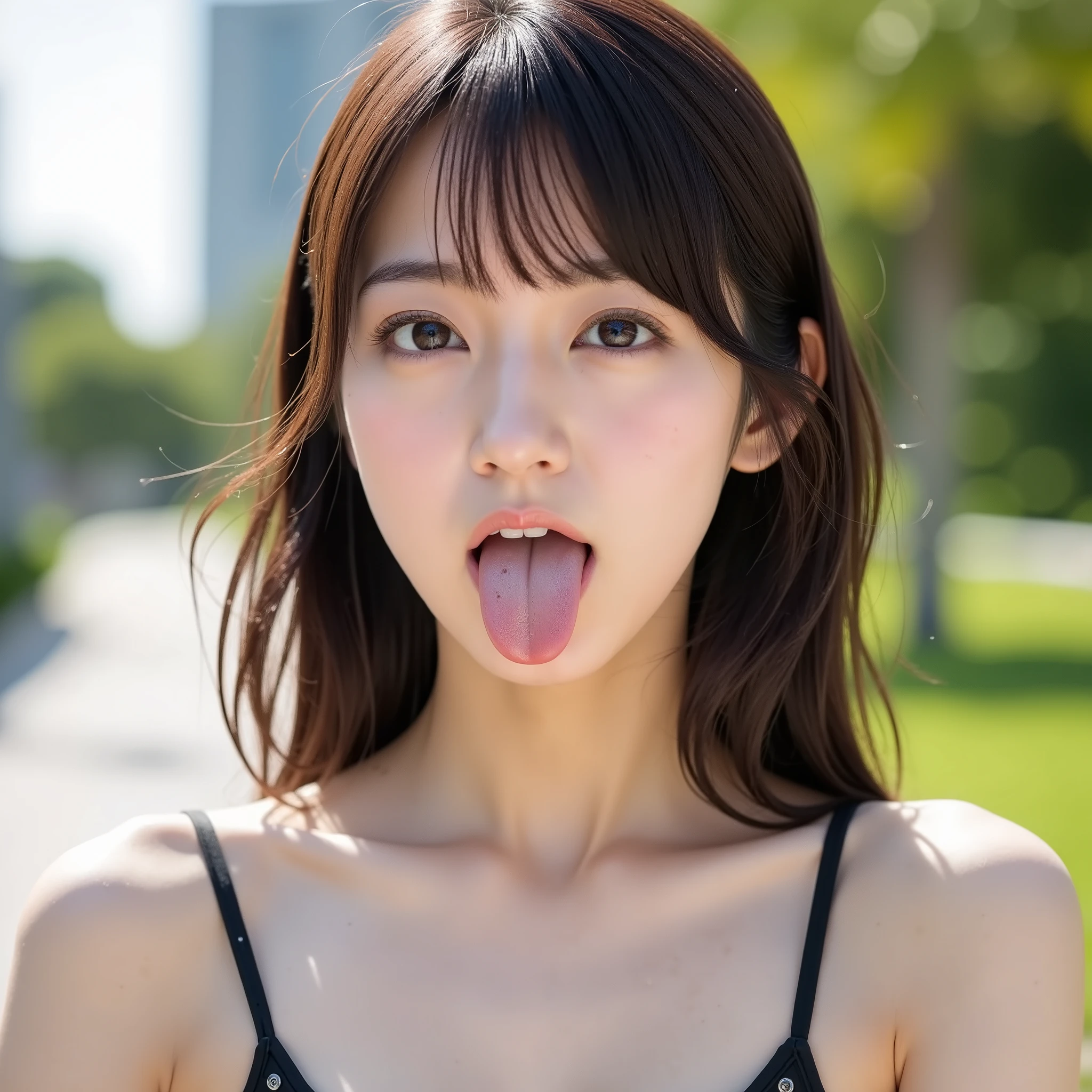 woman sticking out her tongue, Japanese Female Idols, (Ultra-detailed:1.30), (absurdres:1.30), (ultra realistic portrait photo:1.25), (Ultra detailed and clear focus:1.20), (females in the center of the image:1.5), (Studio lighting that illuminates the entire person:1.10), (Taken on a sunny day:1.5), BREAK, (Ultra-detailed beautiful Japanese female 2 idol:1.10), (Ultra-detailed beautiful slender and glamor:1.9), (Perfect anatomy:1.15)), (Cute smile:1.3), (Ultra-detailed big eyes, double eyelids), BREAK, (((NSFW))),