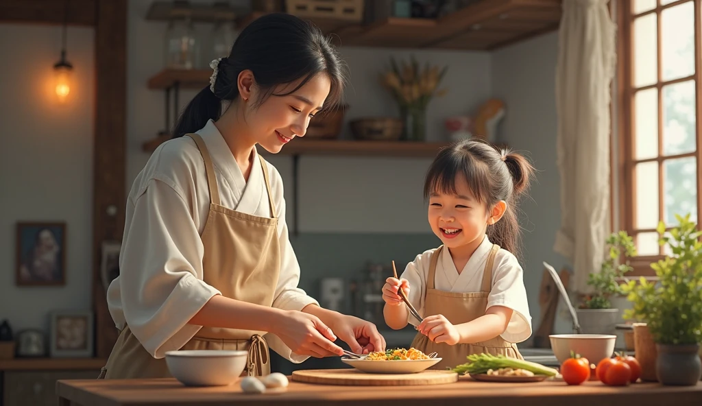 In China in the 1950s, a mother and a child. Delicious dishes, subtle and with a happy scene kitchen movie illuminated in a black gold tone that captures childhood memories. It is captured in HD photography.