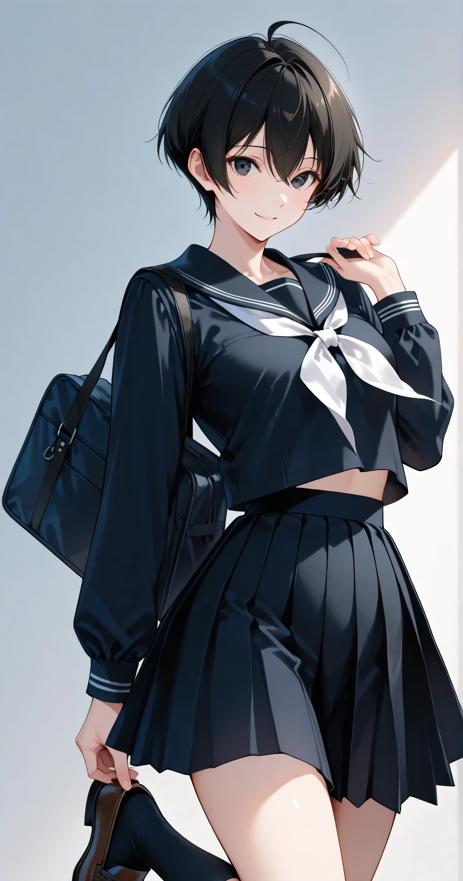 insanely detailed,
She is beautiful,
Cute anime-style girl (1.7),
Cell-shaded style, vibrant colors (1.7), 2D anime style, flat color (1.7),
Sharp focus (1.3), clear lines, crisp outlines, harmonized colors,
Alluring mystique, stunning clarity,
short choppy messy pixie cut black hair with ahoge, glossy highlights, flowing strands (1.3),
Detailed black eyes with intricate irises, large highlights, subtle intensity in gaze, clear eyes (1.5), Beautiful Eyes, cool eyes,
Ultra-detailed eye contours, exquisite eyelashes,
Calm, boyish beauty, delicate yet strong,
Ethereal, quiet confidence, innocent yet captivating.
Delicate facial features, pure aura, fragile yet unyielding.
She wears a white lace slip under her sailor uniform(1.7).
White neckerchief, traditional Japanese school uniform (serafuku),
Classic black sailor uniform,
Jet black fabric, simple black sailor collar, black shirt, Long sleeve, black color mid-thigh pleated skirt (10cm above the knees), brown footwear, loafer, black ankle socks, holding, school bag over shoulder,
Backlight, white simple background,
1girl, solo, no additional characters,
Masterpiece, best quality, ultra-detailed, 8k resolution,
Perfect anatomy, no tattoos or symbols on face (2.5),
Slender figure, flawless porcelain-like skin, dewy radiance,
Natural pose, arched back,
light smile, looking at viwer,
cowboy shot, front view, extreme close-up view,
Highly detailed face, refined body, flawless skin.