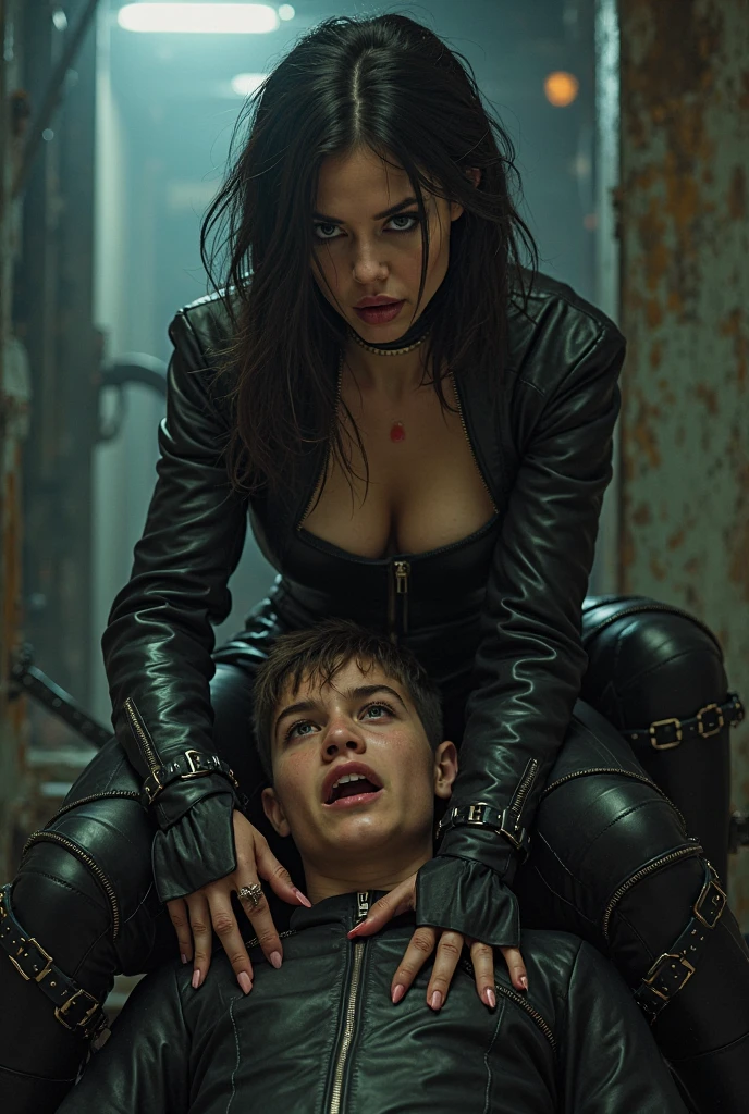 Teenage boy looks in shock at villainous woman, in a brown corset, sexy image of a villain sorceress, arrogant contemptuous look of blue eyes, Against the background of a medieval castle, masturbates her wet vagina with her fingers, A teenage boy nearby looks at her in shock