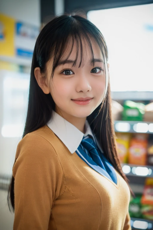 One girl, Happy, smile, (At the supermarket:1.2), ((school uniform:1.2)), RAW Photos, (photoRealistic:1.37, Realistic), Highly detailed CG integrated 8K wallpaper, View your viewers, (((Straight from the front))), (high qualityスキン:1.8, Shiny skin), 8K Ultra HD, Digital SLR, Soft lighting, high quality, Film Grain, Fujifilm XT3, ((Upper Body:1.6)), (Professional Lighting:1.6)