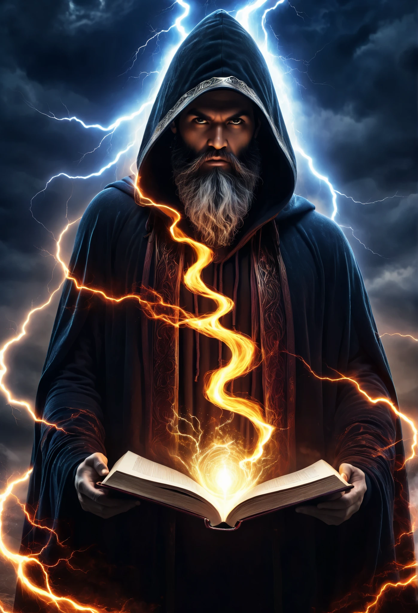 astrologer, Dark face, monstrous face, long beard, lightning eyes, dark hoodie cape, dark aura, opened the book of magic, Ethereal, four elements mixed, high resolution art photographic, digital processed image, Super detailed, contract, 8 k, dramatic light, surrounding, circular fiery background