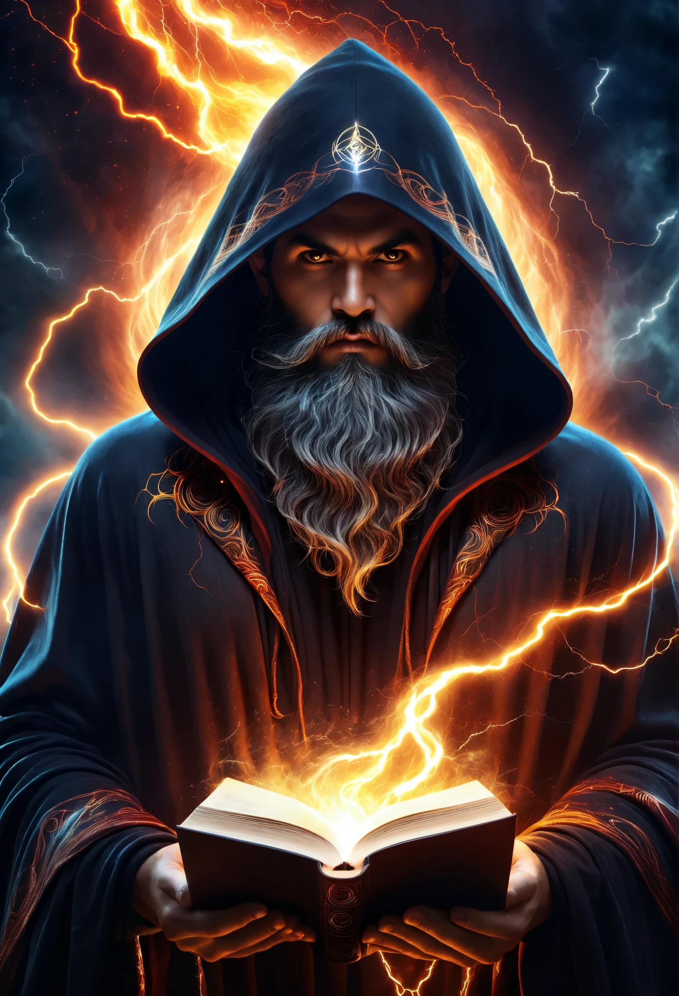 astrologer, Dark face, monstrous face, long beard, lightning eyes, dark hoodie cape, dark aura, opened the book of magic, Ethereal, four elements mixed, high resolution art photographic, digital processed image, Super detailed, contract, 8 k, dramatic light, surrounding, circular fiery background