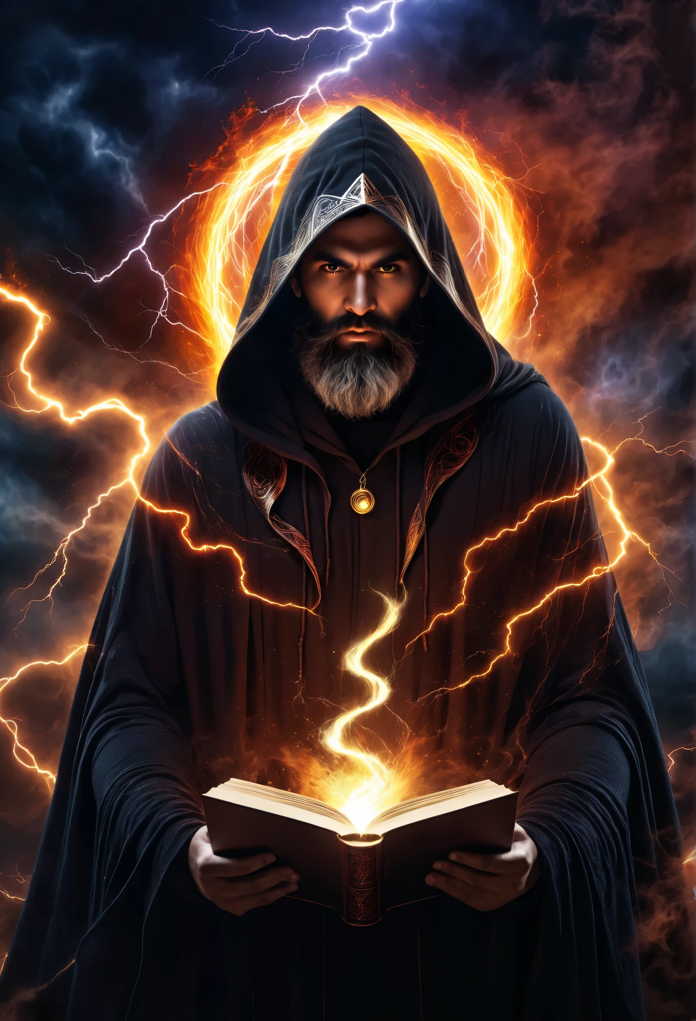astrologer, Dark face, monstrous face, long beard, lightning eyes, dark hoodie cape, dark aura, opened the book of magic, Ethereal, four elements mixed, high resolution art photographic, digital processed image, Super detailed, contract, 8 k, dramatic light, surrounding, circular fiery background