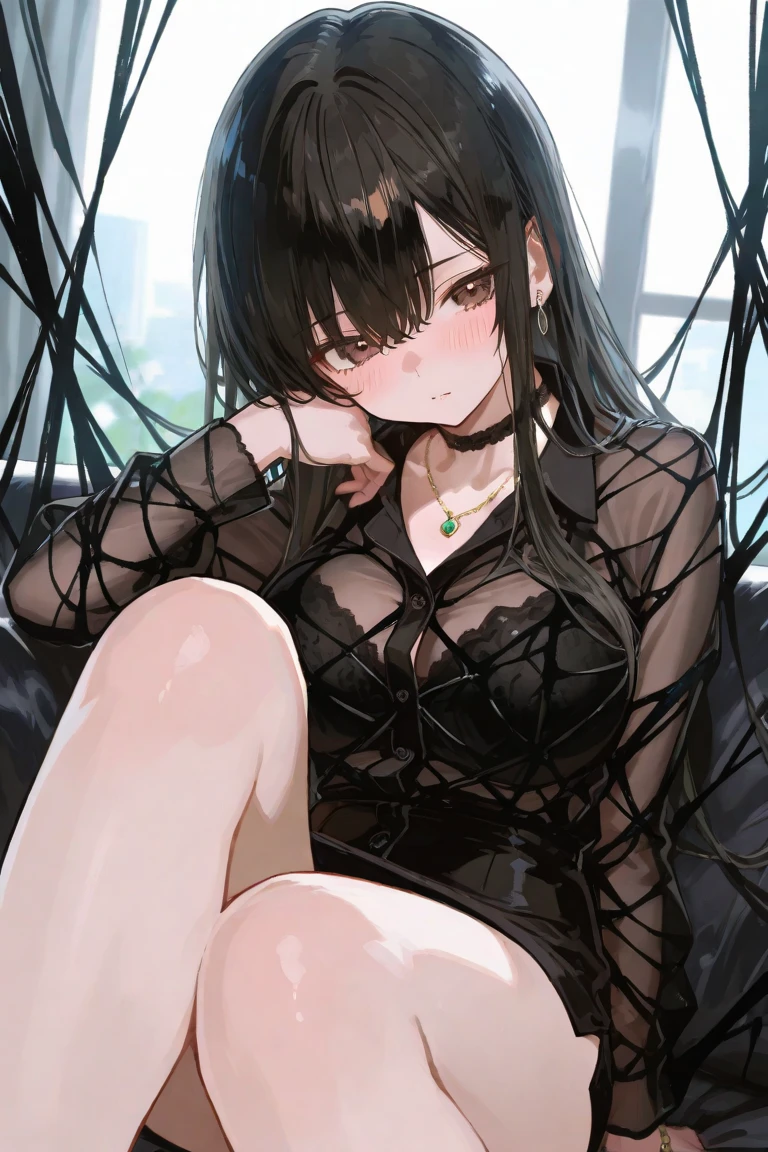 a beautiful young girl kneeling,  breasts covered, wearing black clothes, short skirt, detailed facial features, detailed eyes and lips, intricate clothing folds, high quality, photorealistic, cinematic lighting, dramatic shadows, muted color palette