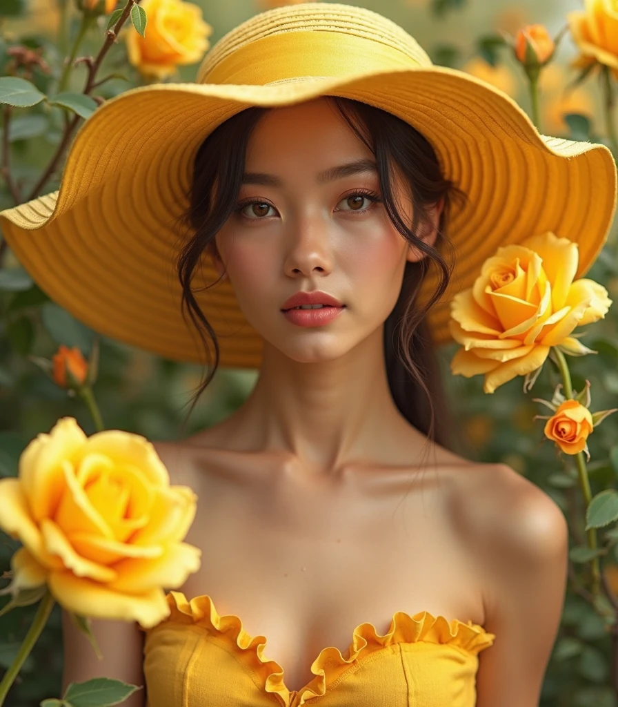 (No hat:1.2_Close-up of woman with permed bun hair), Simple pastel yellow dress, Exquisite digital illustrations, elegant digital painting, elegant digital art, 