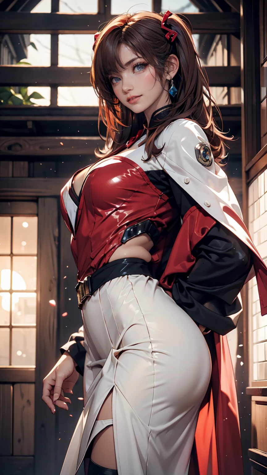 (masterpiece), best quality, 4K, realistic, HD, NIPPLES, expressive eyes, perfect face, solo, breasts, cleavage, full body, red hair, aqua eyes, no bra, collarbone, midriff, navel, slim body, necklace, ankh, belt, black gloves, milf, ankh, white strait bodysuit, compass rose ass visible through thighs, red gloves, standing, strivejacko, Jack-O'Valentine, white bodysuit, visible smiles, long hair streak, irish woman, tight, sweating, lipstick, FIGHTEr, guilty gear, boot shoe, skimpy, interrogation, merore, happiness, 