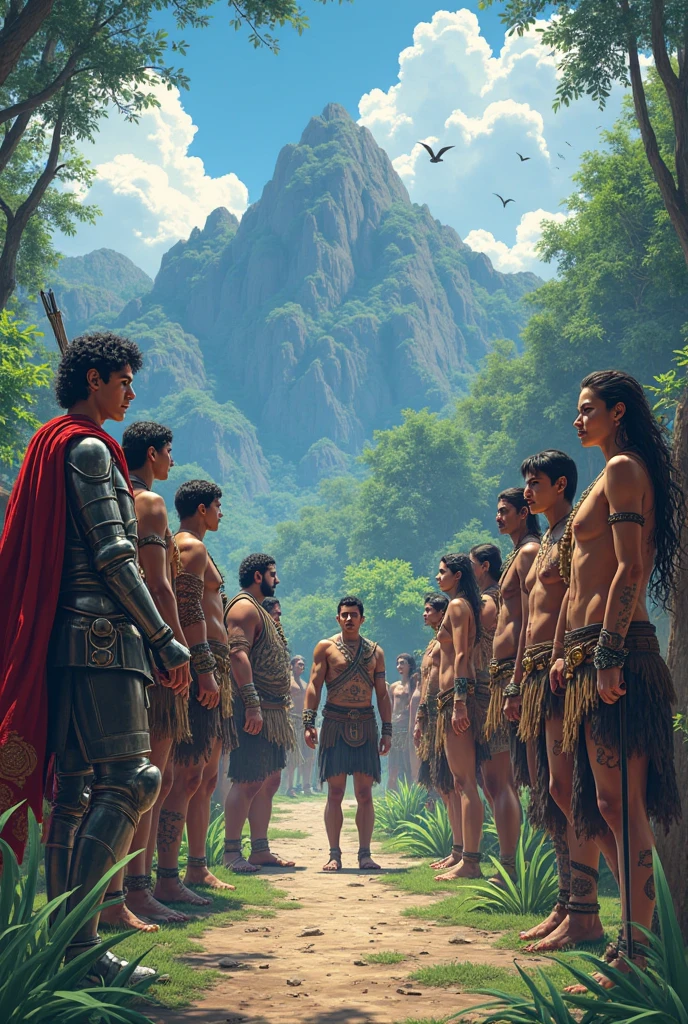 An indigenous tribe in loincloths from the 1490s facing Spanish soldiers from the 1490s, are found in the jungle 