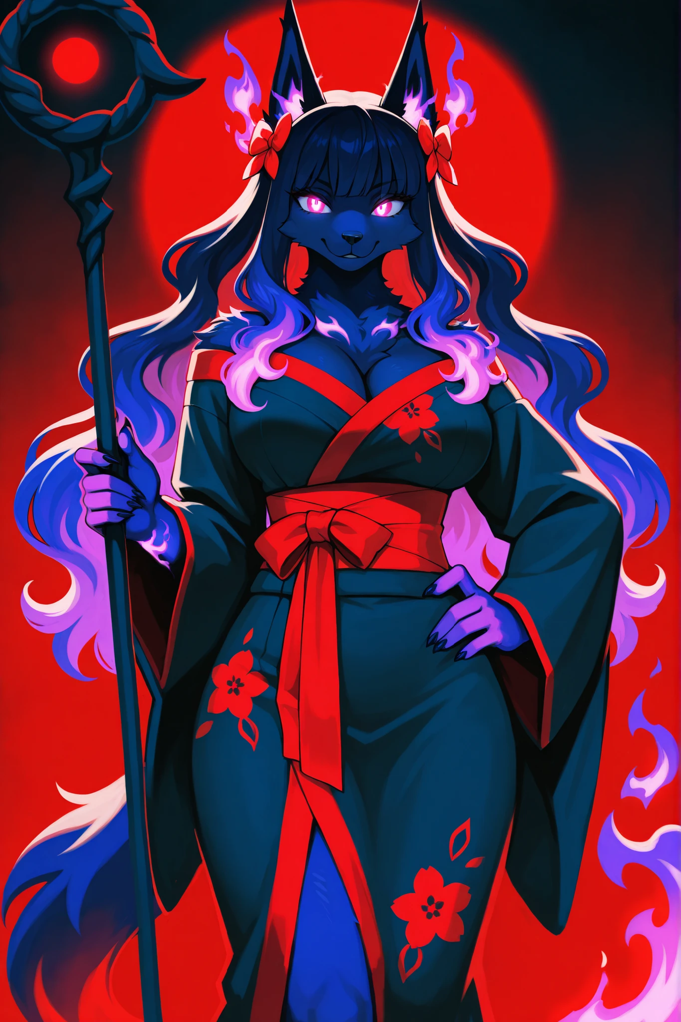 fiery confident expression, long wavy hair with bangs, styled with a hair accessory, wearing a kimono-style outfit in pink and red, floral patterns on clothing, holding a long staff adorned with ribbons, standing pose with one hand on hip, large breasts and botox side glance with glowing eyes, artistically rendered fur covering the whole body, cartoon or anime style illustration, dark atmospheric background with red lighting effects, strong contrast and dynamic color palette, no visible camera attributes as this is a digital painting
