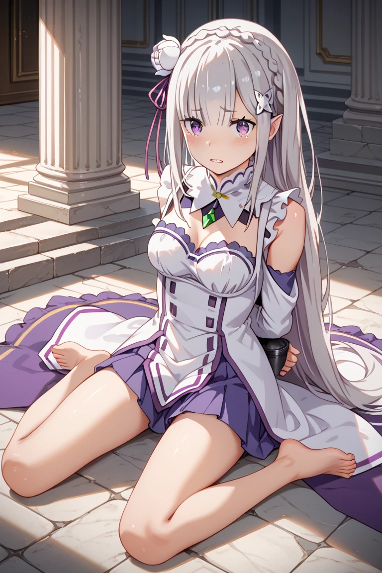 best quality, highres, ultra-detailed, Emilia, grey_hair, upper_body, lower_body, standing, medium_breasts, cleavage, very_long_hair, white_thigh_boots, from_behind, looking_back,