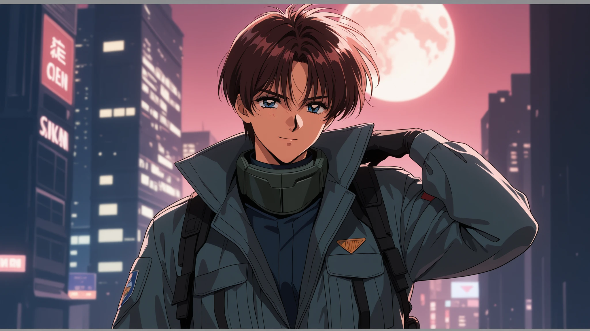 armed man in city futuristic moon risen retrowave 90s