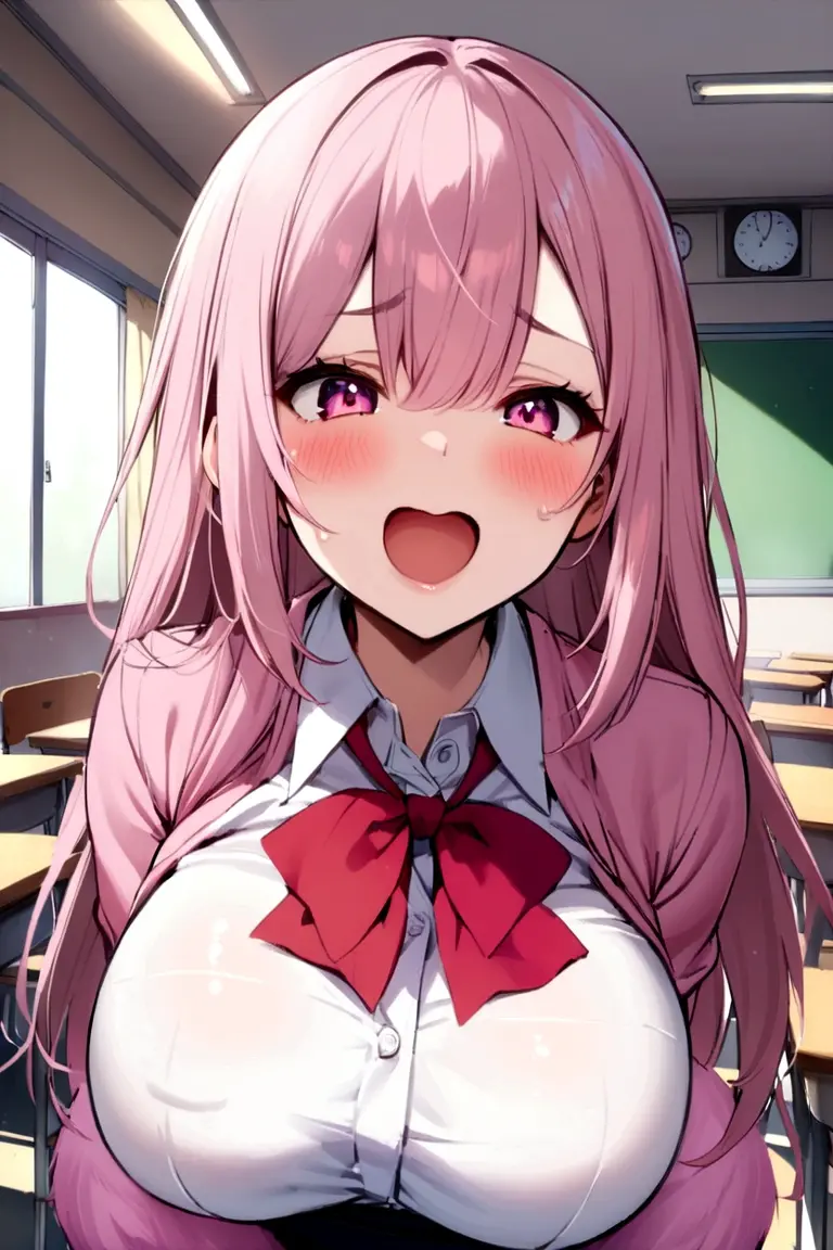 mastute piece,Best Quality,insanely detailed,8k cg,nsfw,
(shoot upper body:1.3),
(1girls:1.3),standing,looking at viewr,body in front,both arms behind back,(school costume:1.3),(bare breasts),(bare nipples),
break,
blush,shy,(ecstasy face),(trembling:1.2),break,(light pink hair:1.2),long hair,
break,
perfect breasts,perfect teats,(open mouth:0.9),(large breasts:1.2),
(class room)、