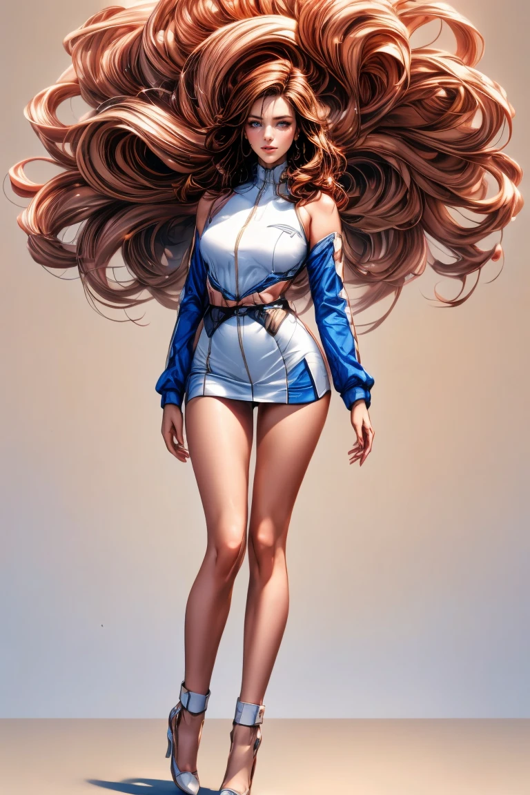 sumeragi lee noriega aesthetic, gloves, high heels, FernFrieren, white pants, blue thong, ((v cut abs, slendered abs)), very long hair, eyes, (gold pupils), looking down, straight-on, expressionless, arms spread out, standing for battle, looking at viewer, (gigantic breasts:1.4), ultra detailed, masterpiece, best quality, aesthetic, detailed, hair, thick thighs, small feet,small waist