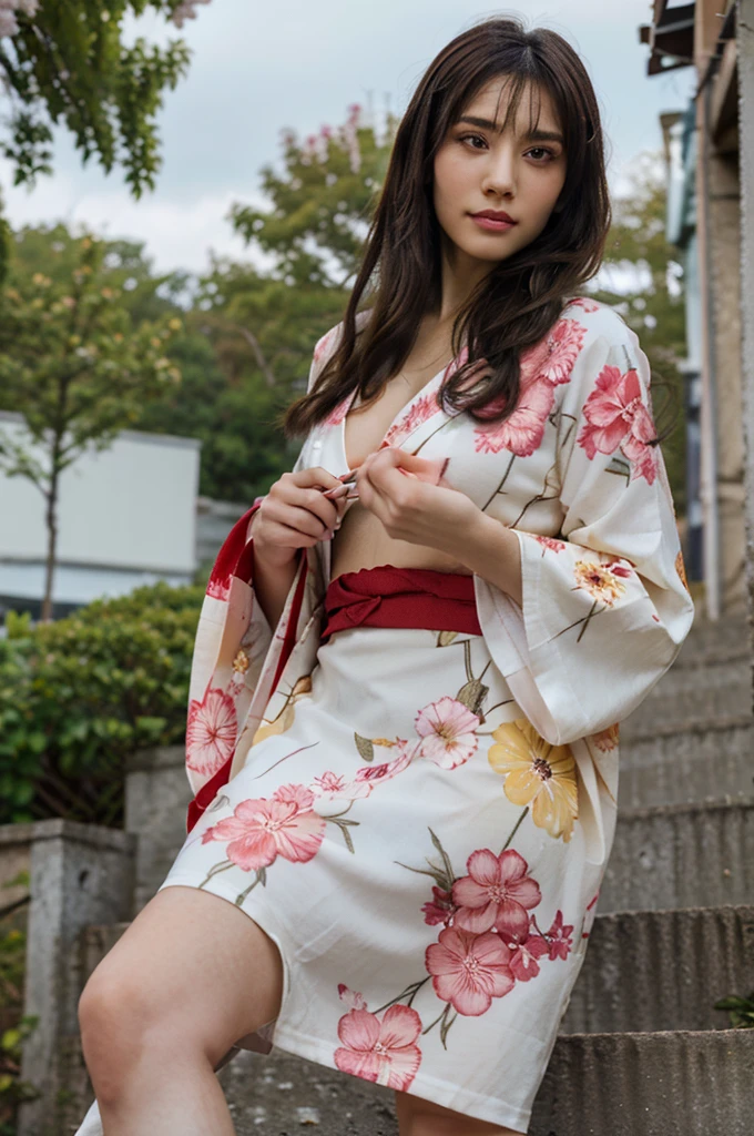 ((Highest quality, Tabletop, Ultra-high resolution、The most complex and detailed depiction))、(Bright lighting:1.1)、(One beautiful woman:1.1)、(Very light wavy hair:1.5)、(((Patterned micro mini kimono、Patterned micro mini yukata、Geta with straps)),、Best smile:1.5,Full Body Shot:1.5,Gray background:1.5,Blonde wavy hair:1.8,Random Blonde:1.8,Curly Hair:1.8,Long Hair:1.5,sleek bangs:1.8,Large Breasts:1.2,gal,Sunburned skin:1.9,Thin fingers:1.5,smile:1.5,The whites of the eyes are clear:1.8,Long, Slender legs:1.8,Calves are thin and long:1.8,Thin ankles:1.8,Thick thighs,Tall:1.3,Centered:1.5,Cleavage:1.5,Light pink yukata,