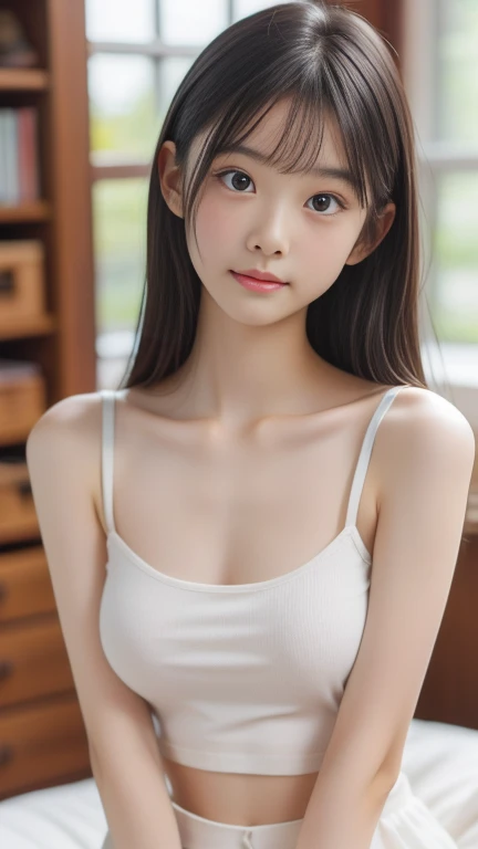 (masterpiece, best quality:1.2), 8k, official art, raw photo, incredibly absurdres, (sailor uniform, serafuku:1.0), 15 years old,highschool student,beautiful girl, pretty face, arch back, close up, , short sleeve, gardenia, violaceaess, (short ponytails:1.3),teen, classroom, looking at viewer, no makeup, film grain, chromatic aberration, sharp focus, facelight, dynamic lighting, cinematic lighting, detailed eyes and face, bokeh background,(cowboyshot:1.3),(small brests:1.2),(skinny:1.2),(smile:1.2),(school swimsuit:1.0),(fullnude:1.5),(show pussy:1.4),(bottomless:1.6),8from below:1.3),