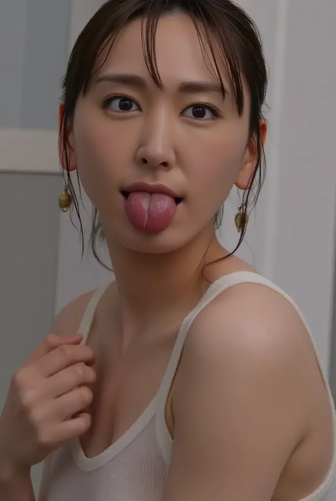 ((masterpiece, highest quality:1.2)), (High resolution,Fine details),(4K images)((The whole body is visible)),((Shooting from the front)),Natural images,No discomfort,one person,Japanese,Beauty,Student Model,slim, Breast augmentation,J Cup,The eyes are large, double eyelids, and droopy.,He is calling out with his mouth wide open.,Stretching out the tongue,Her posture is squatting,Peace pose with both hands,Understand the lines of your body,Her outfit is a thin white cardigan, a transparent shirt, and white shorts.,She is wearing long, voluminous white room socks pulled up to her knees,She is wearing high-top white sneakers.