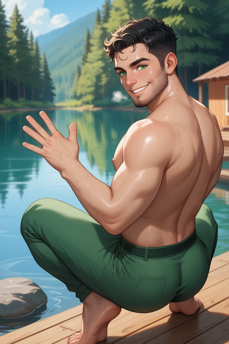 bolin (avatar), solo, looking at viewer, blush, smile, short hair, navel, sitting, green underwear, nipples, male focus, spread legs, armpits, stomach, thick thighs, underwear only, pectorals, mountain side, bara, arm behind head, bulge, navel hair, armpit hair, green eyes <lora:diffusiondudes_Bolin (Avatar)_V1-10:0.75:1:lbw=1,0,0,0,0.4,0.6,1,1,1,1,1,1,1,0.6,0.4,0.2,0>