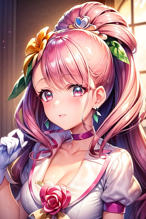 Anime style girl in a pink dress with a green polka dot print., a lot of decorations and rhinestones on the dress.a lot of details,Hyper detail,pastiche,16 thousand.,poster