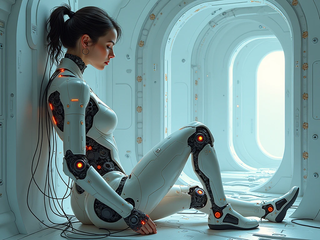 futuristic woman sitting on a platform with a futuristic robot in the background, cyborg - girl, cyborg girl, beautiful cyborg girl pinup, beutiful white girl cyborg, beutiful girl cyborg, cyborg woman, retrofuturistic female android, perfect cyborg female, cute cyborg girl, young lady cyborg, a cyborg meditating, pregnant female cyborg, cybernetic body