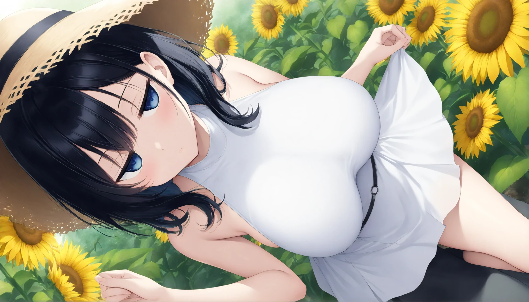 (jitome)、lightblue eyes,large Breasts、 black short hair、white summerdress,short skirt,straw hat、black medium hair 、Obscene atmosphere、Many Hearts、anime style、selfy style,sunflower field,liftup skirt