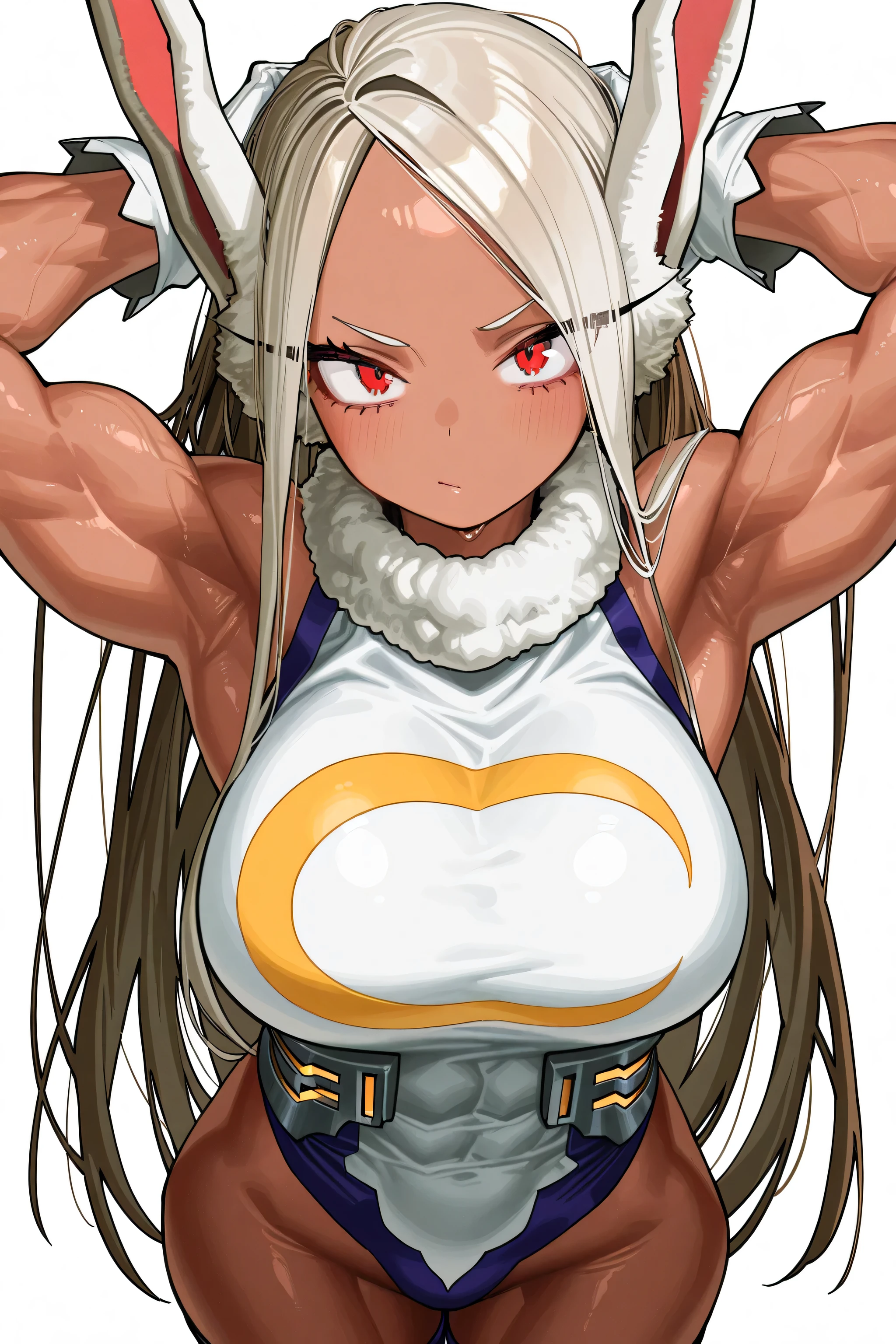 kmj-anonstyle, [artist:yoneyama mai], [artist:kanzarin], [artist: ekrea_jan], masterpiece,best quality,amazing quality, 748cmstyle, solo, eye focus, boku no hero academia, mirko, 1girl, animal ears, arms up, breasts, brown hair, dark-skinned female, dark skin, gloves, large breasts, long eyelashes, long hair, looking at viewer, muscular, muscular female, rabbit ears, rabbit girl, red eyes, simple background, solo, very long hair, white background, white gloves, wide hips