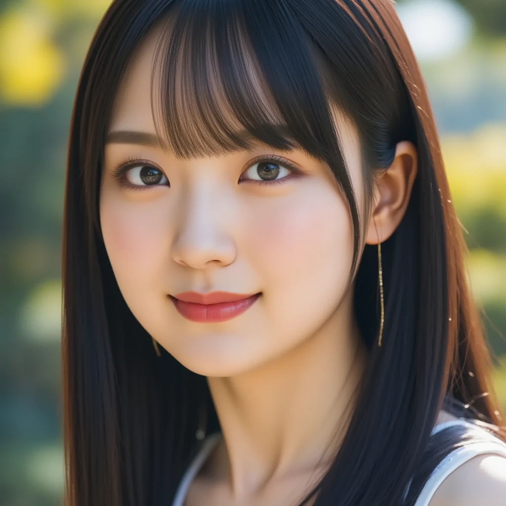 (((8K、High resolution、Highest quality、High resolution)))alone、Natural body shape、White skin、Natural Makeup、Black Hair、bangs、 Long Hair、(Big Breasts),Looking into the camera、Outdoor,(Business look), Violet ribbed short sleeve V-neck, Formal blue tight skirt,mini skirt , (((full-face blush, embarrassed、smile)))