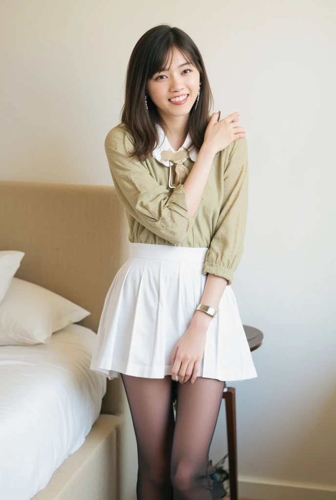 A cute 20-year-old Japanese woman、Beautiful Skin、Beautiful Hair、Short Hair Length、Bob Hair、Brown Hair Color、Beautiful Eyes、Brown Eye Color、A big smile、place：Cute home room、Full body bear costume、Standing posture that reflects the whole body