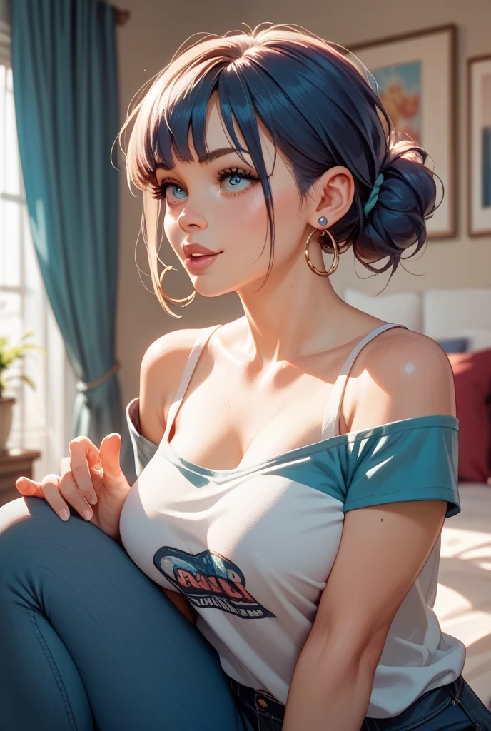 score_9, score_8_up, score_7_up, 1boy, 1girl, mature female, (mother and son), ???, hand on head, kneeling, in a room, bukkake, boy small dick, boy 8-year-old
