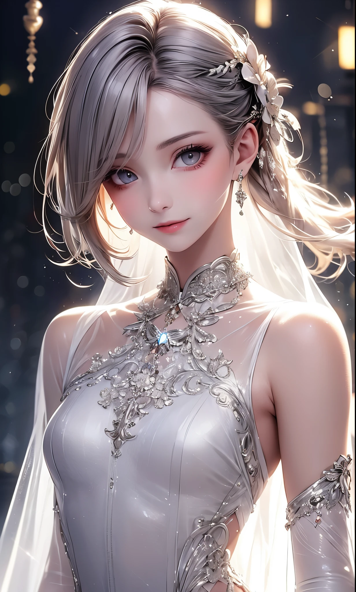 (masterpiece),(4K),High Quality,(small breasts),sexy girl、Sexy Saint , Long Silver Hair ,pale skin,smile, beautifully detailed grey eyes, ( high-definition and elegant ),( white cape let fashion), Magical Color and Atmosphere, detailed skin from sleeve to chest,(Cute sparkle), light particles, The background is softly blurry ,Add a dramatic and iconic element to your scene, description boundary ahead of the large end, Bokeh, Silky to the touch , see-through silk, soft, lightweight garment、beautiful and neat face、see-through 、 hyper details,creates a dreamy and elegant atmosphere
