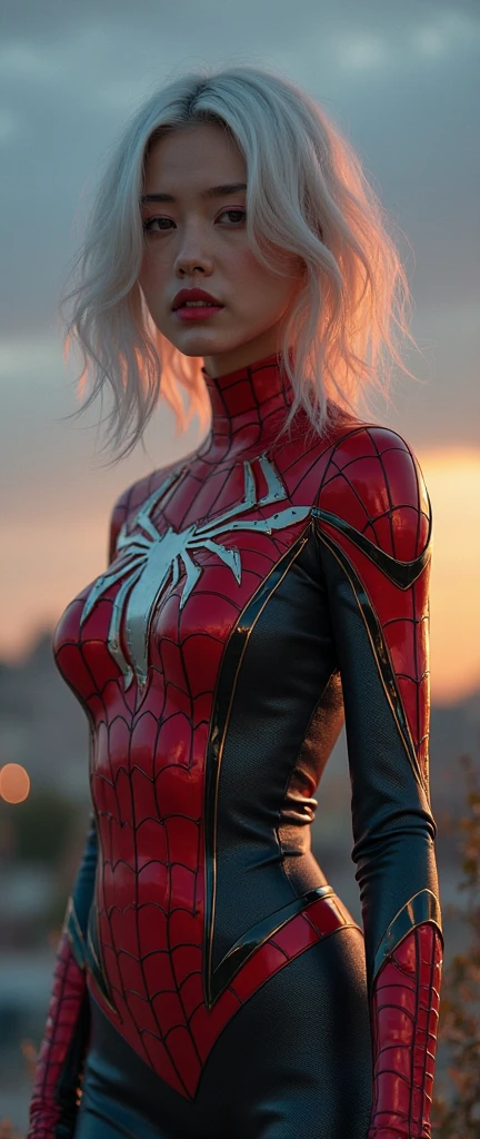The Prompt mainly describes a 4K painting of ultra-high definition, very realistic, very detailed. It shows a superheroine at the top of the city, wearing a Spider-Man costume. The theme in the painting is a white superhero theme, the female protagonist has long white hair, is 25 years old and her entire body is shown in the painting. In terms of portraying the actions of superheroines, spiders are employed