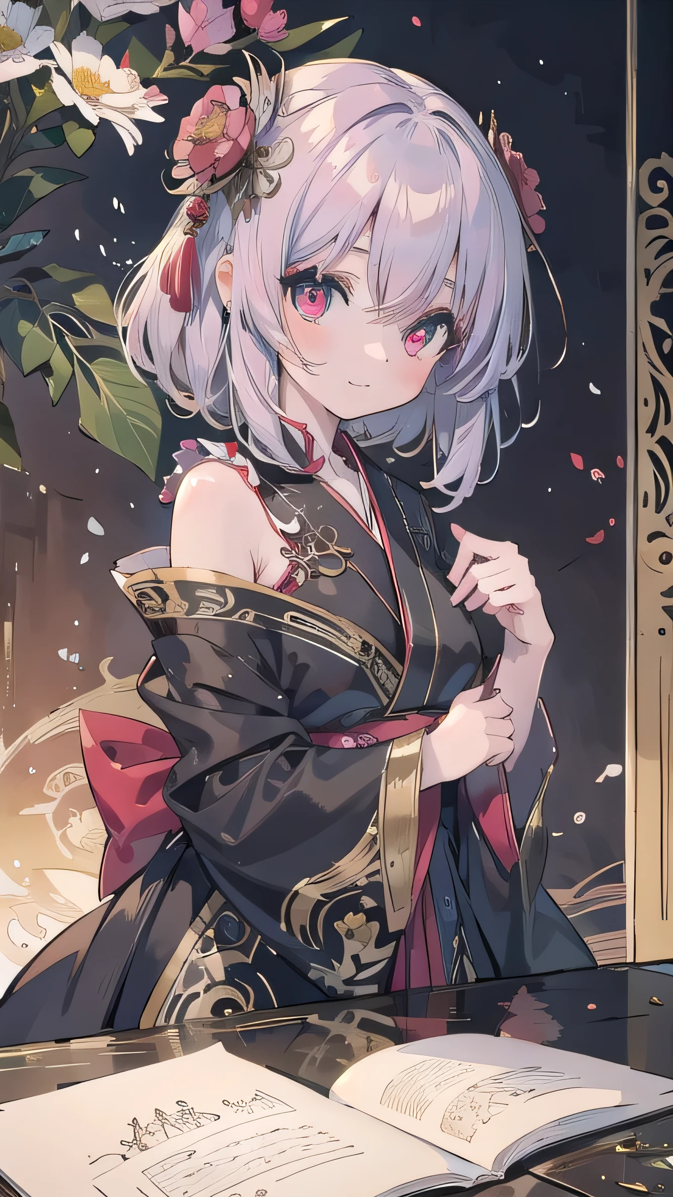 Intense Details,  HIGHLY Details, Photorealistic, best quality, high resolution,  reverse exchange, high detail, best quality, 16k, [ ultra More], masterpiece, best quality, (Extremely Detailed)((top quality)),((masterpiece)),10th Generation,2025 Anime Style,Delicate line drawing,fantastic atmosphere entwined with flowers,high quality,10th Generation, scarlet eyes,Alluring,Mysterious,Japanese Art Style,classical,antique,Delicate line drawing,long eyelashes,Shading Enhancement,Sleek hair, gothic elements ,DARK FANTASY,Solemn,aura,Narrative,sparkling eyes,luster,Japanese-style decoration in the background,Warm Lighting、1 girl, smiles, sleep