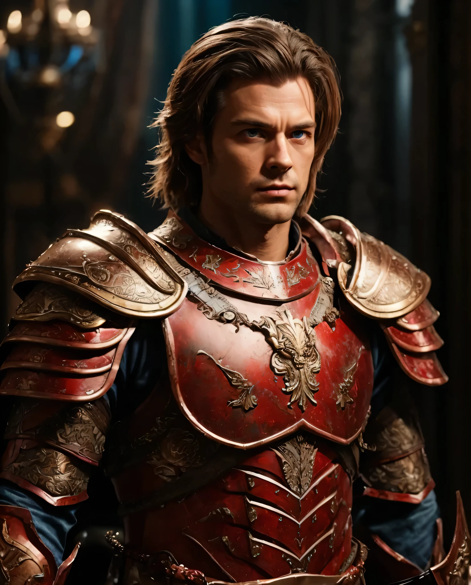 A General, he has blue eyes and brown hair. He is wearing full red armour. Realistic with cinematic vibe.