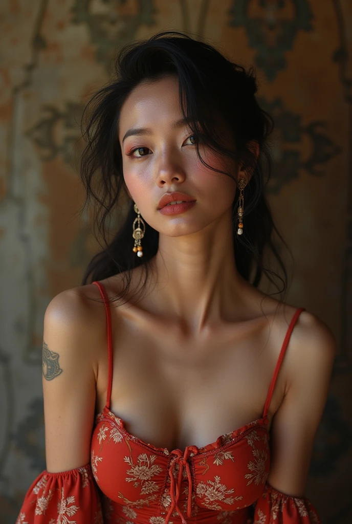 A woman holding an orange cat，Wearing an ink-painted cheongsam，The fullness and enchantment of the mature woman are undoubtedly revealed，A well-maintained beautiful face is firm and fair，With light makeup，The temperament is quiet and elegant，semi transparent, gigantic breasts, showing cleavage, full body shot camera angle, lotus tattoo on forehead, sexy body: 1.4, Slim abdomen: 1.2, sitting on chair, gigantic deep cleavage, open shirt,